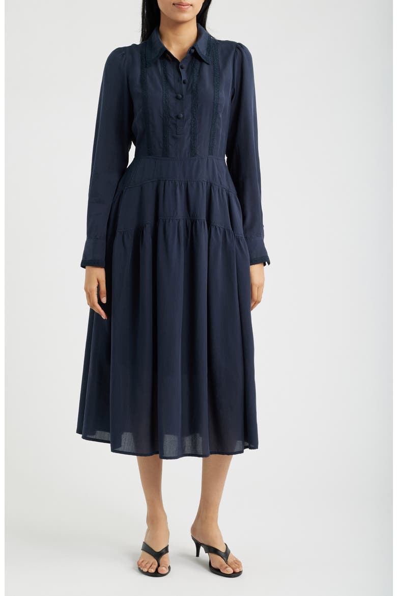 Lace Inset Long Sleeve Midi Dress, Main, color, NAVY