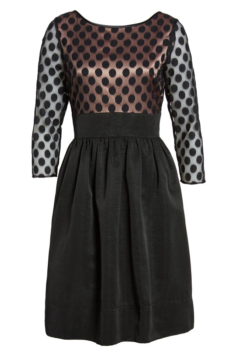 Dot Mesh Bodice Fit & Flare Dress, Alternate, color, BLACK