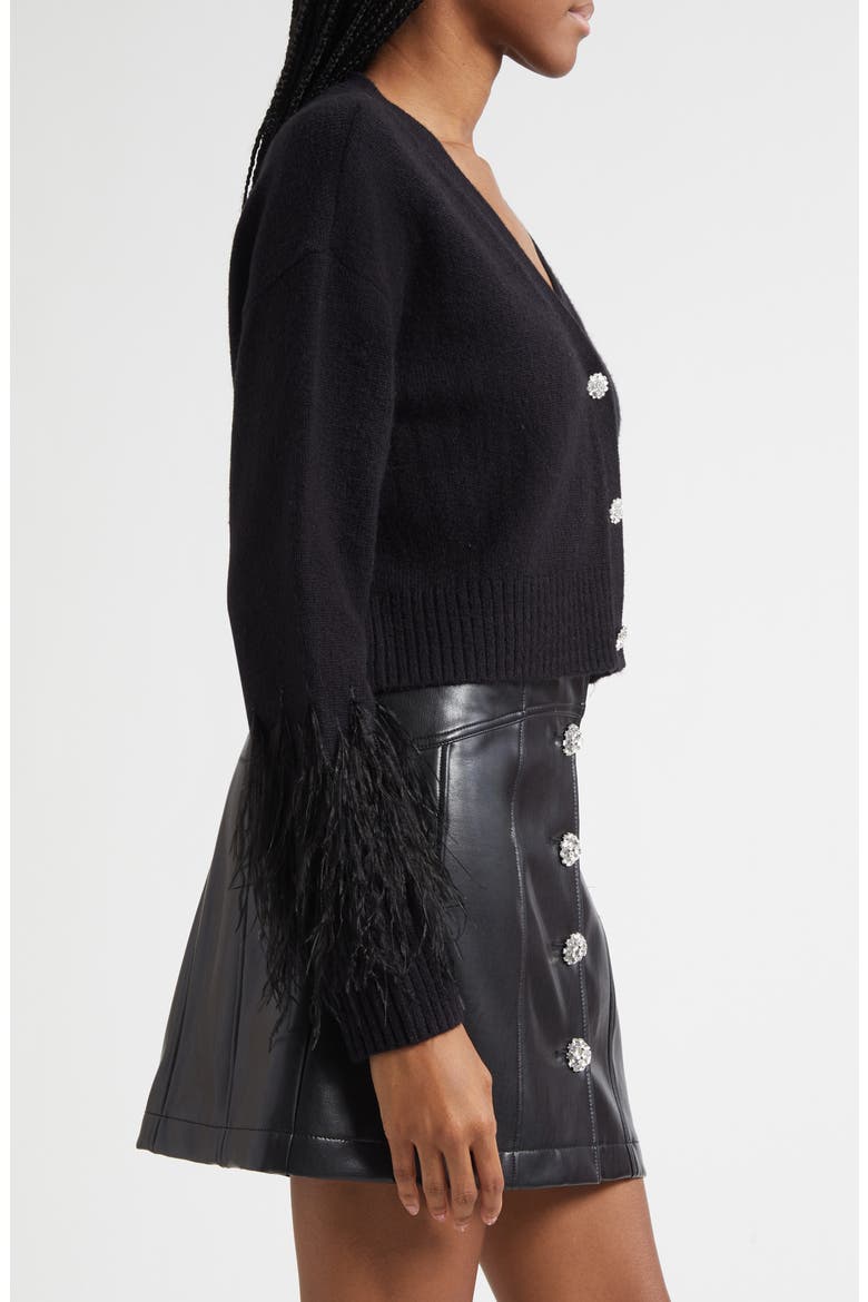 Briana Feather Trim Cardigan, Alternate, color, BLACK