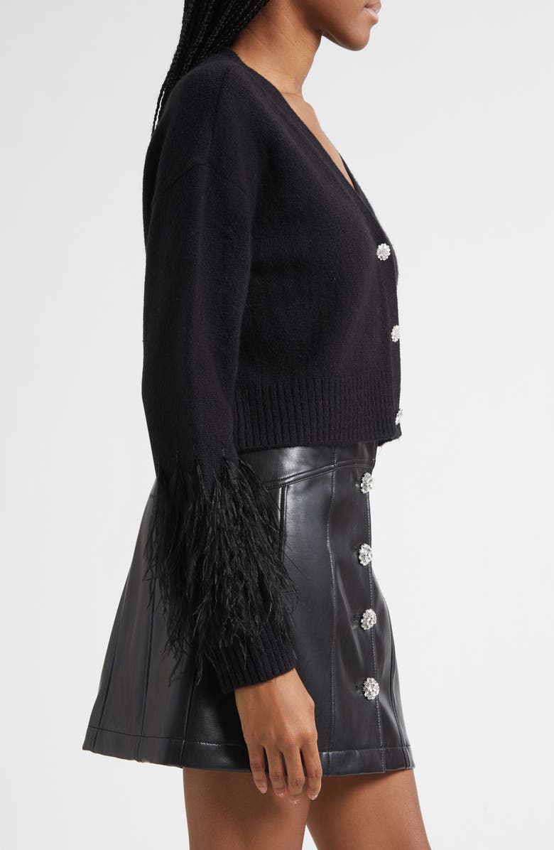 Cinq à Sept Briana Feather Trim Cardigan, Alternate, color, Black