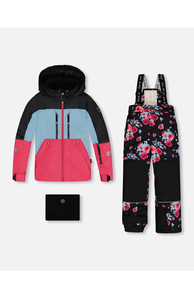 Deux par Deux Big Girl's Two Piece Technical Snowsuit Colorblock Black Printed Roses, Main, color,
