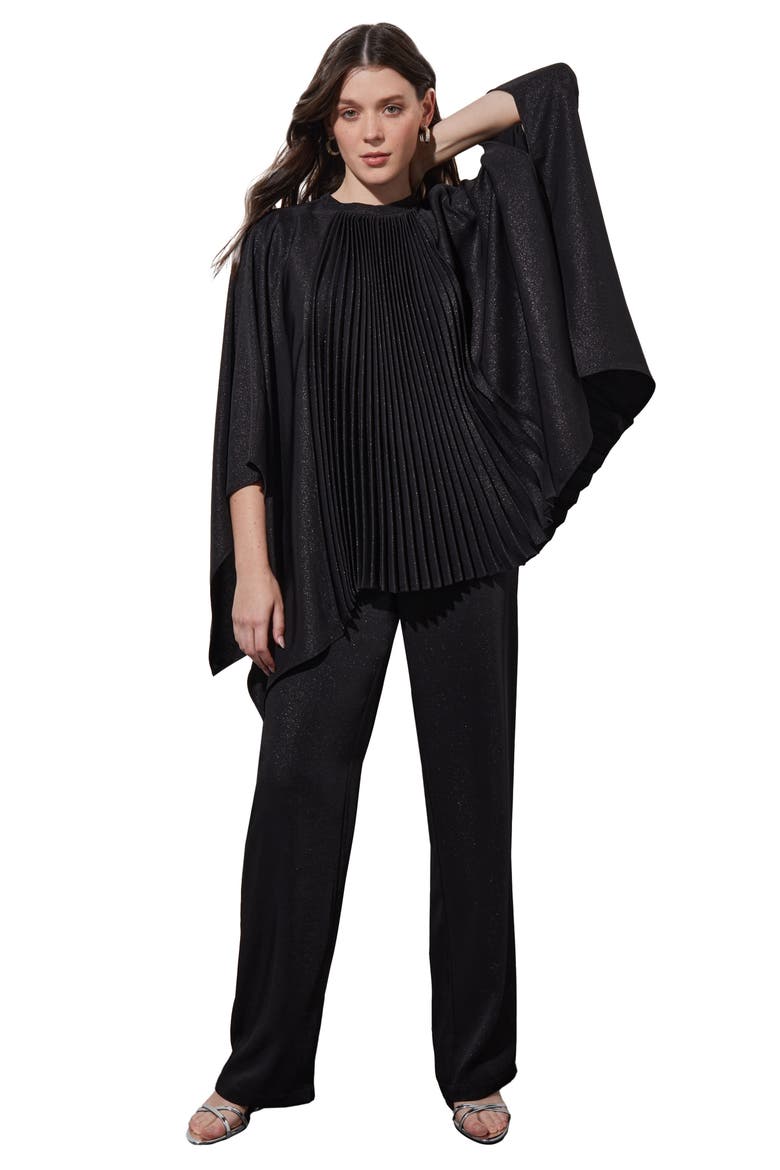 Shimmering Pleated Woven Top, Alternate, color, BLACK/ SILVER