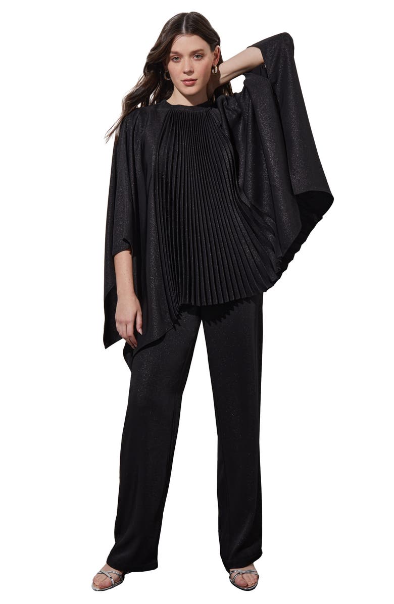 Ming Wang Shimmering Pleated Woven Top, Alternate, color, Black/ Silver