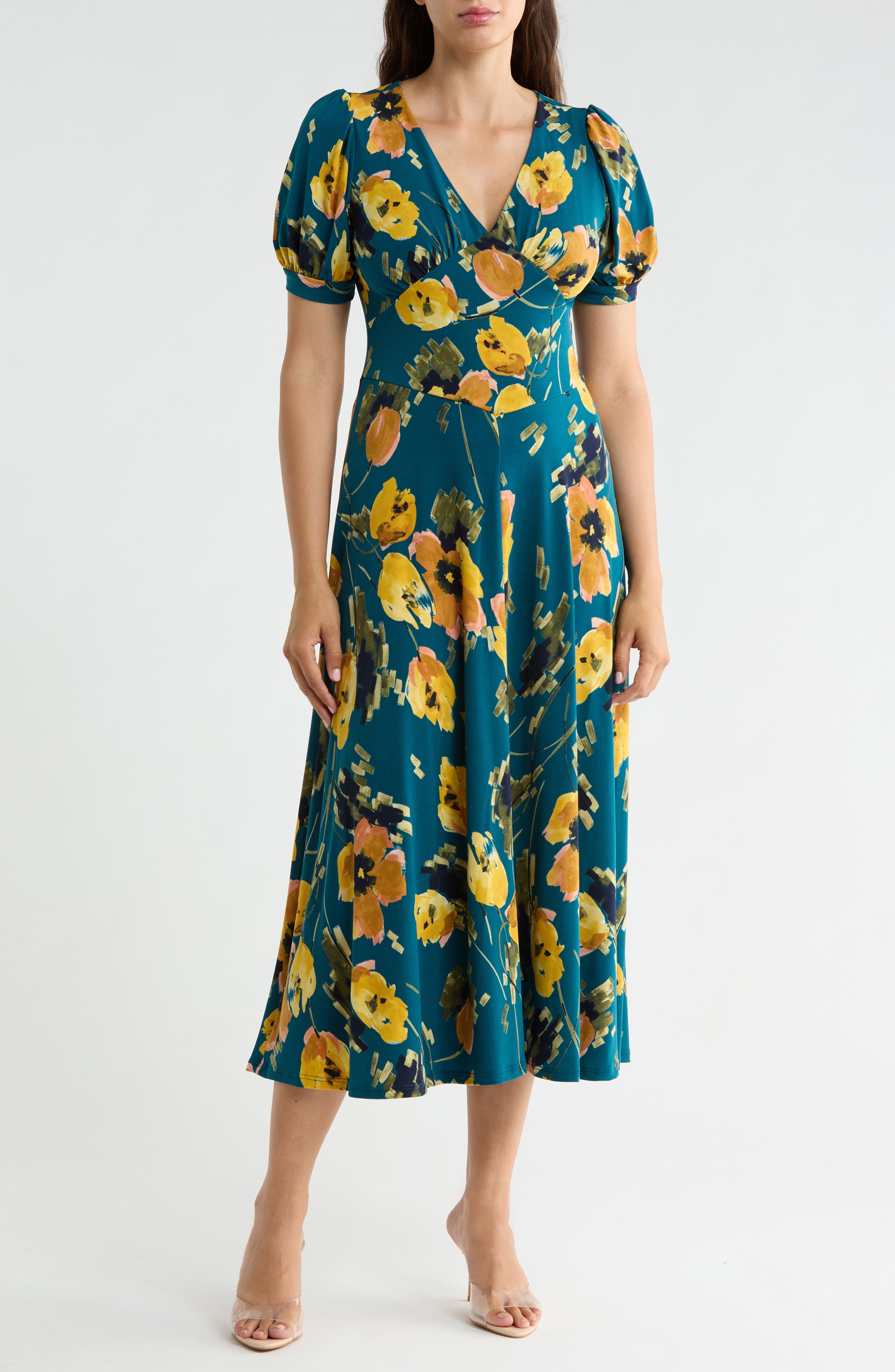 West K Short Sleeve V-neck Midi Dress In Teal Floral