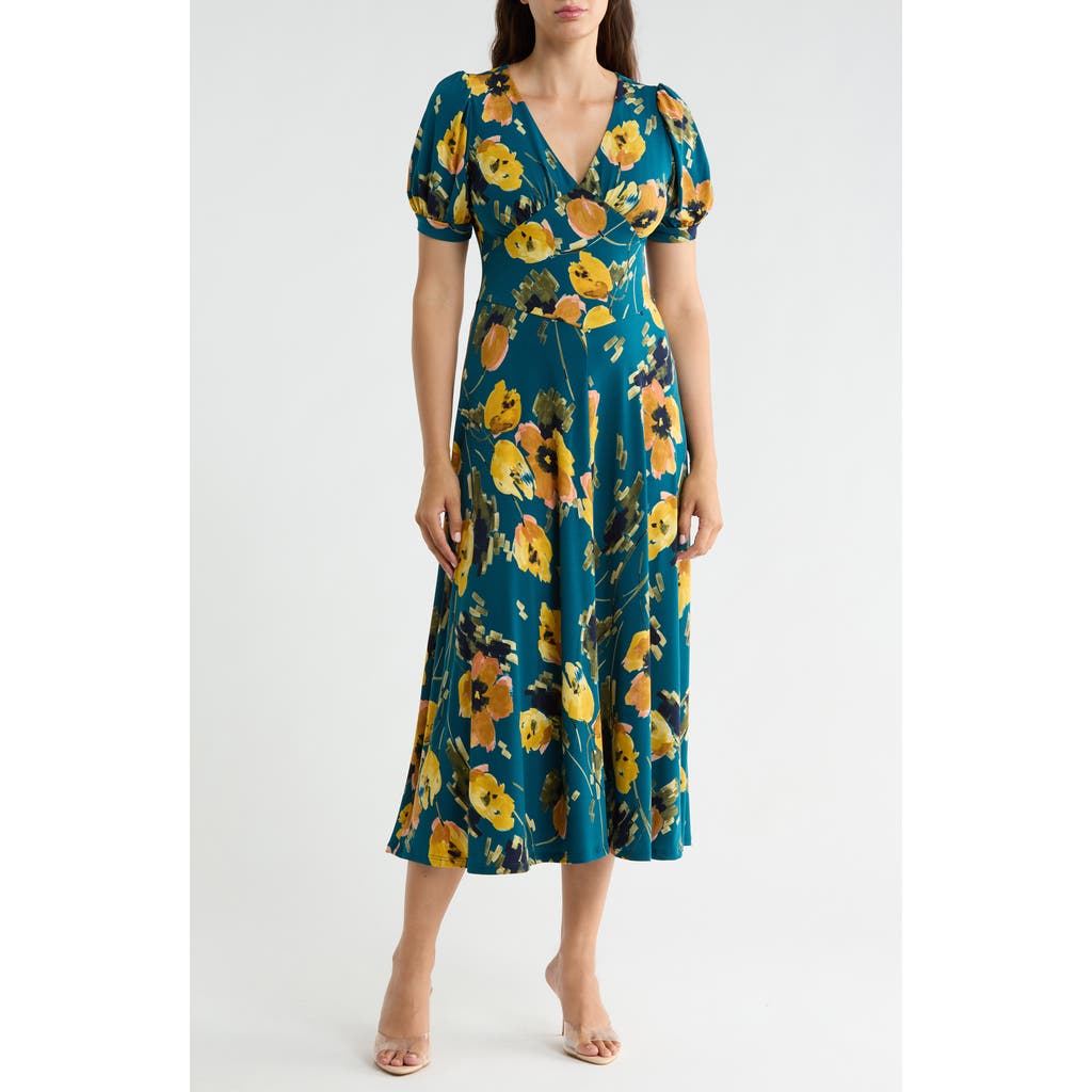 West K Short Sleeve V-neck Midi Dress In Teal Floral