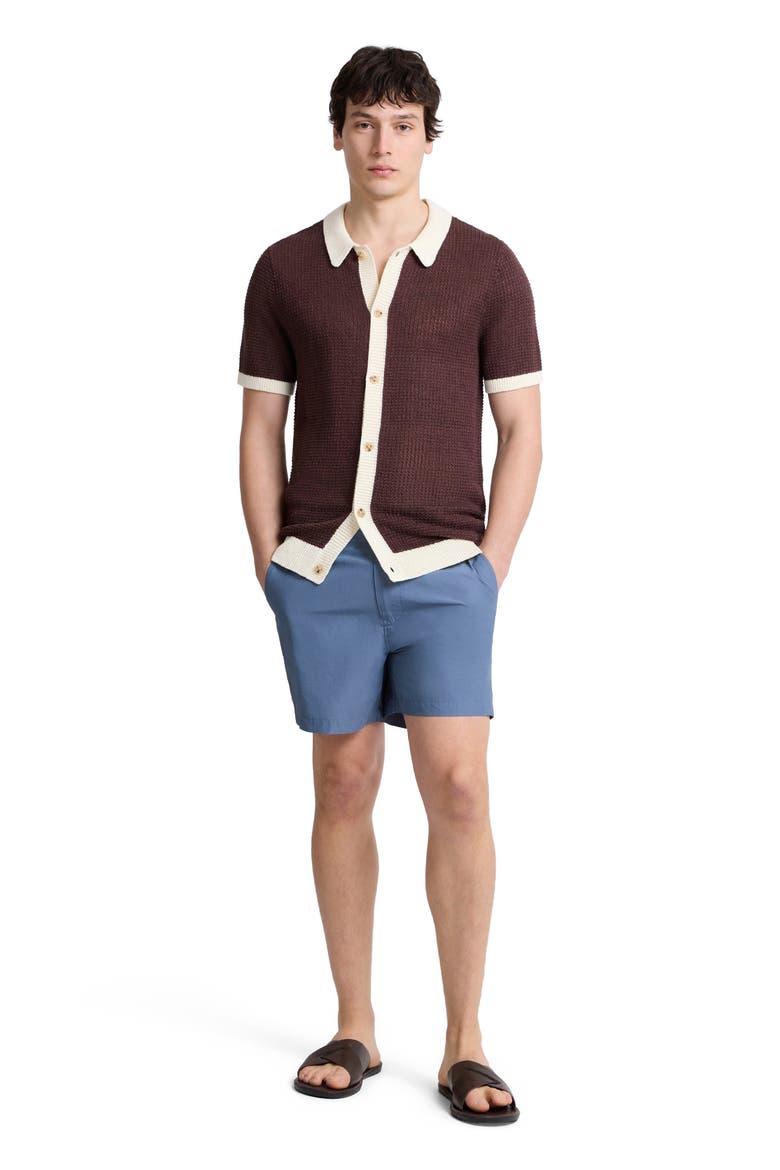 Linen Short Sleeve Button Up Sweater, Main, color, Espresso/Egret