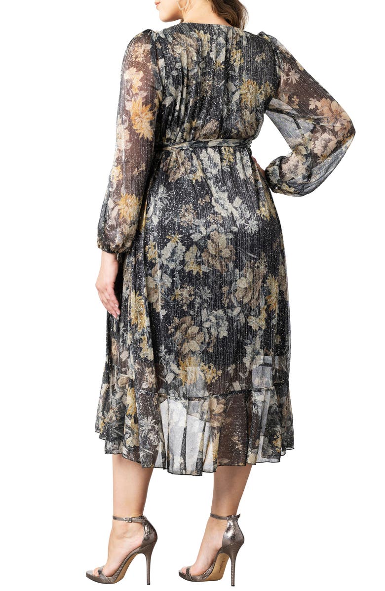 Kiyonna Clara Floral Metallic Midi Wrap Dress, Alternate, color, 