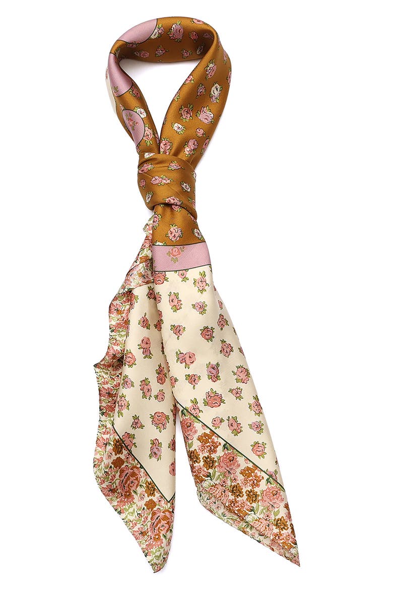 Tea Rose Multi Floral Print Silk Square Scarf, Alternate, color, HONEY BROWN