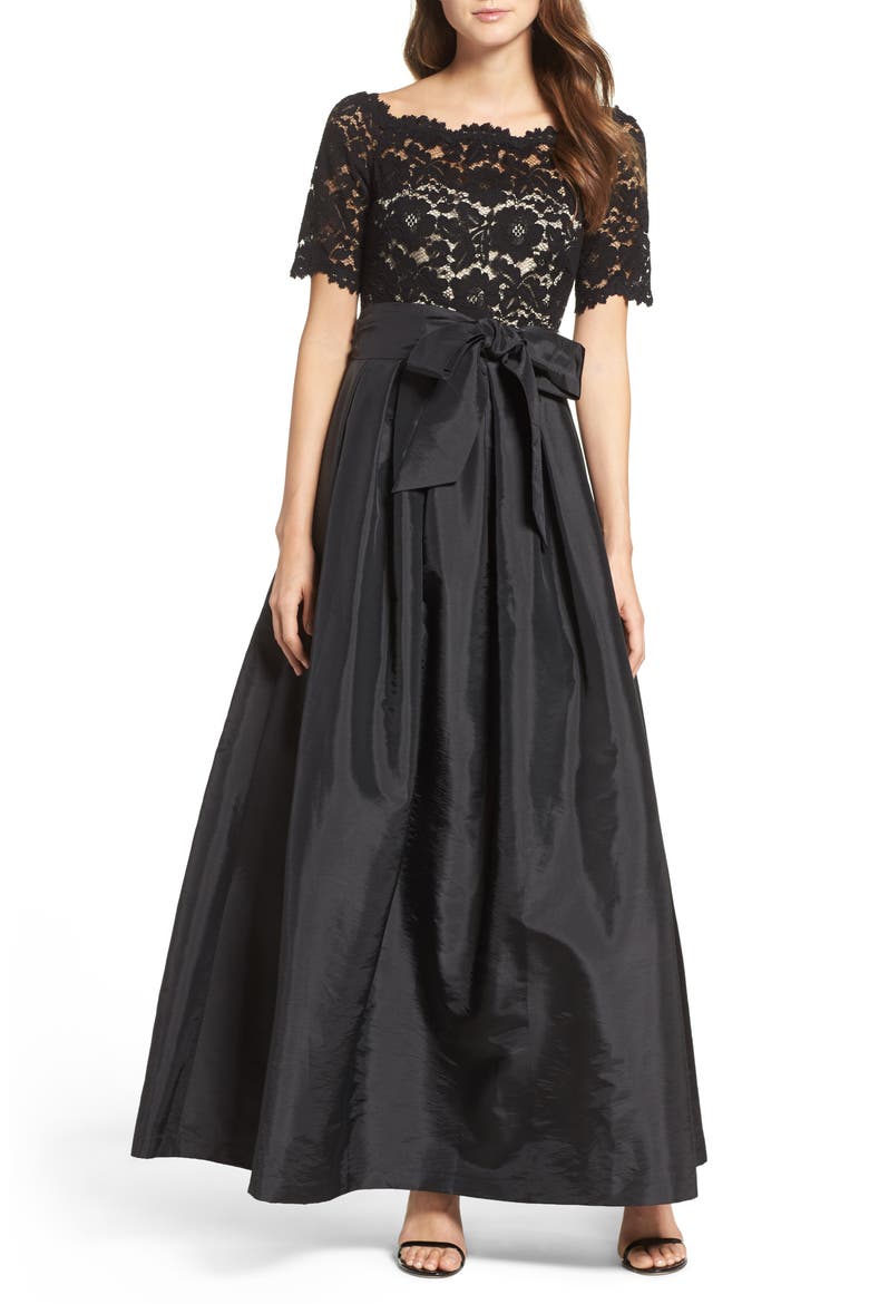 Lace & Taffeta Ballgown, Main, color, BLACK