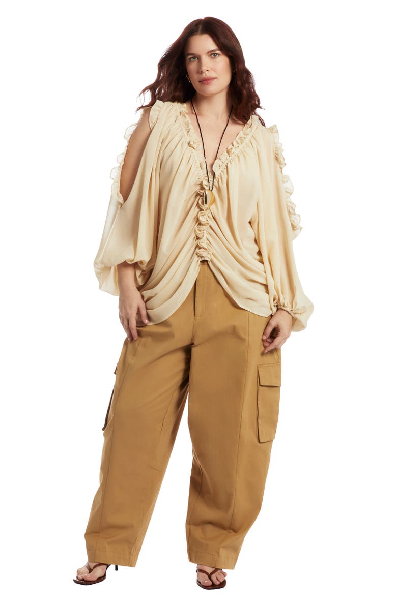 June + Vie Draped Off-The-Shoulder Blouse, Main, color, Pebble