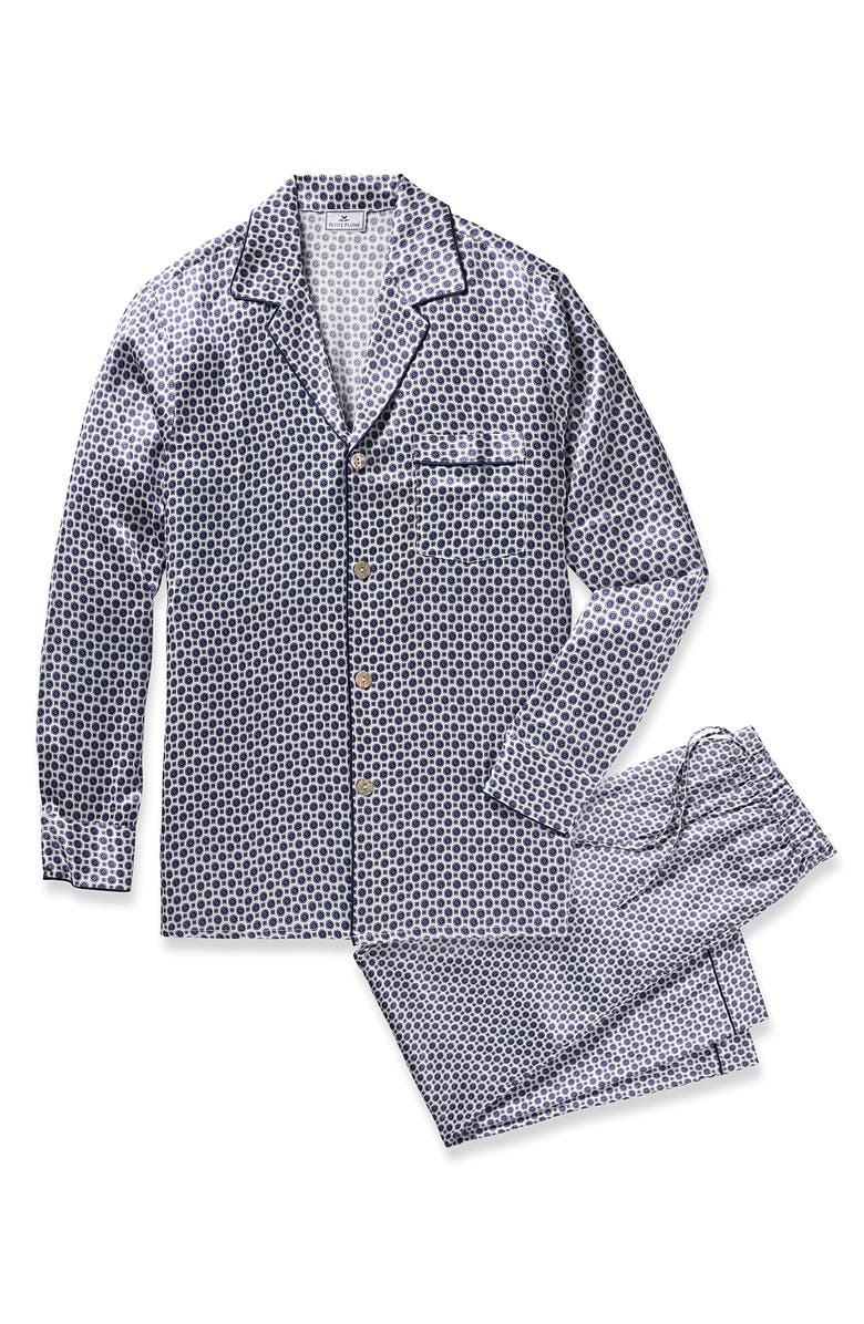 Petite Plume Foulard Print Mulberry Silk Pajamas, Alternate, color, Navy
