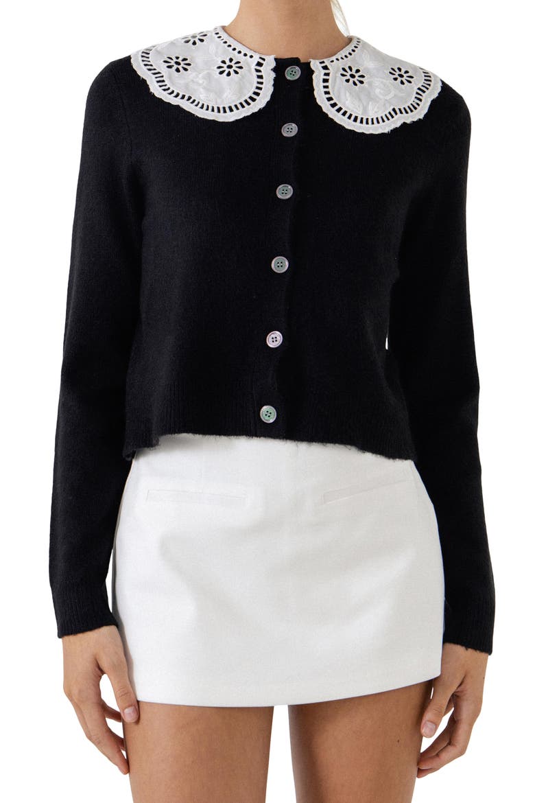 Eyelet Collar Cardigan, Alternate, color, BLACK