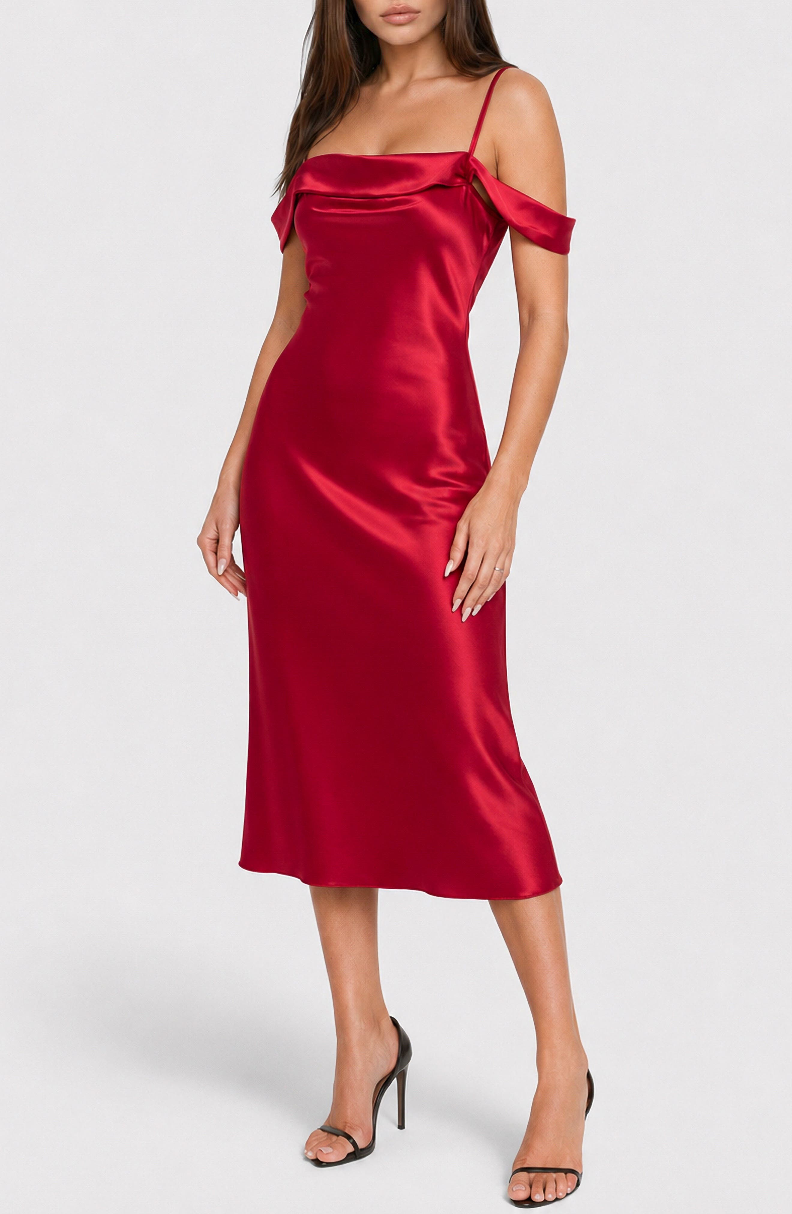 Drape Shoulder Satin Midi Dress