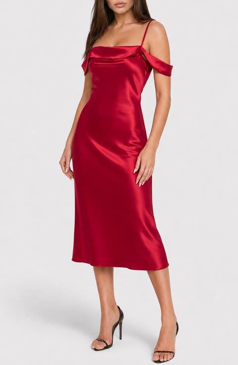 Drape Shoulder Satin Midi Dress