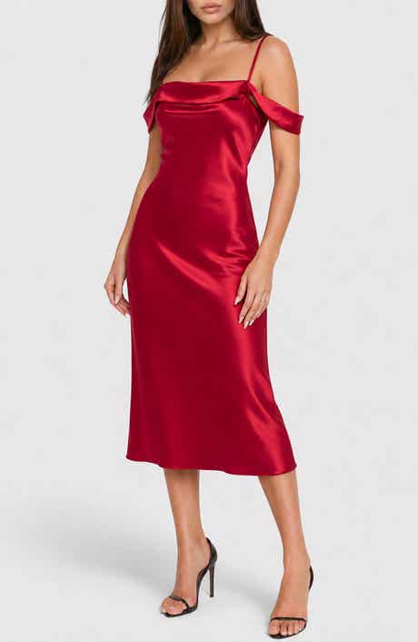 Drape Shoulder Satin Midi Dress