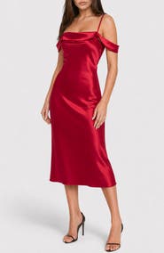 bebe Drape Shoulder Satin Midi Dress