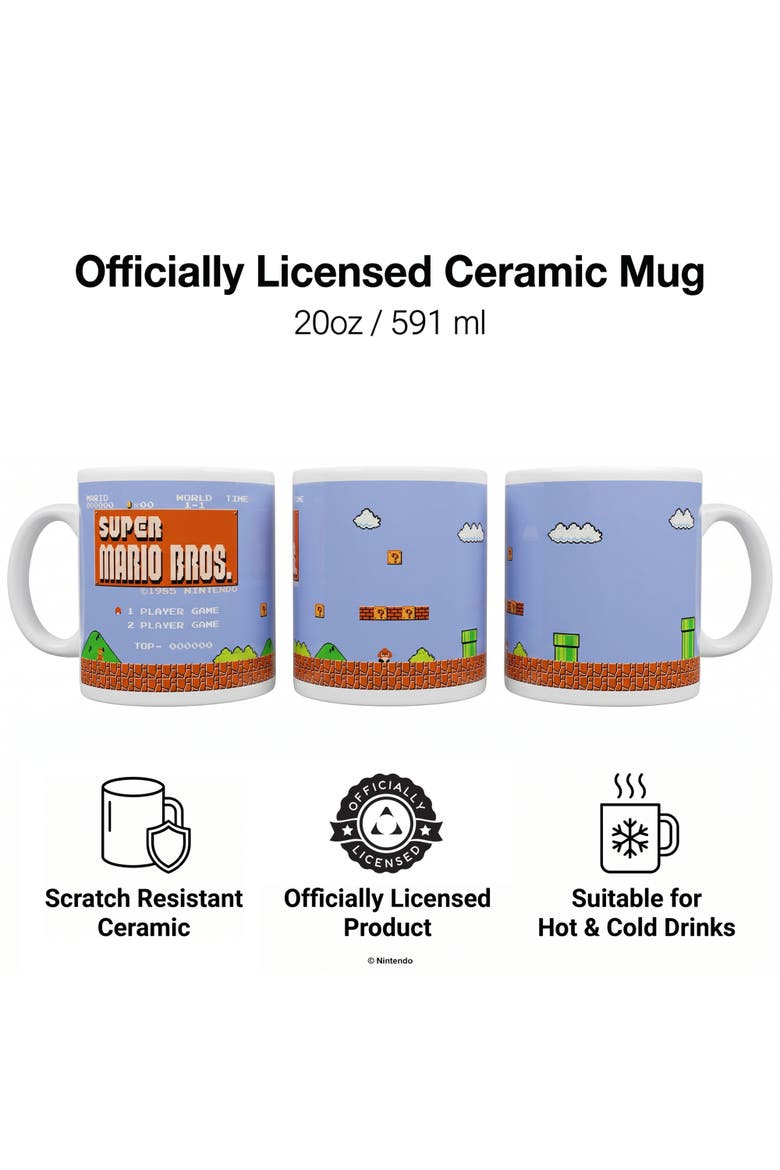 20 oz Super Mario Bros Retro Title Ceramic Mug, Alternate, color, White