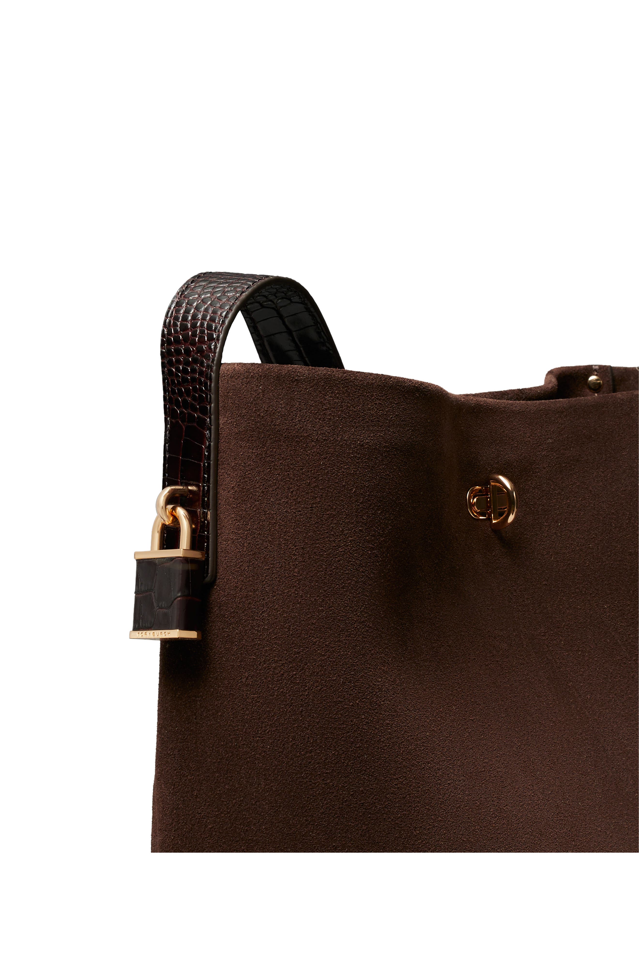 Lock Suede Slim Medium Bucket Bag, Alternate, color, DARK COCO