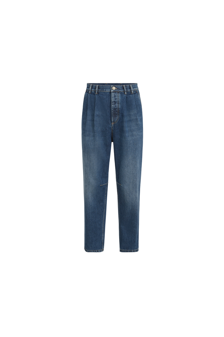Comfort cotton denim iconic fit five-pocket trousers with double pleats, Alternate, color, Medium Denim