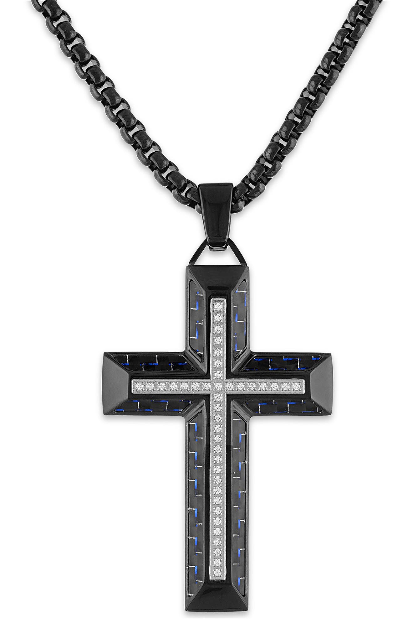 Men's Two-Tone Stainless Steel & Carbon Fiber Diamond Cross Pendant Necklace