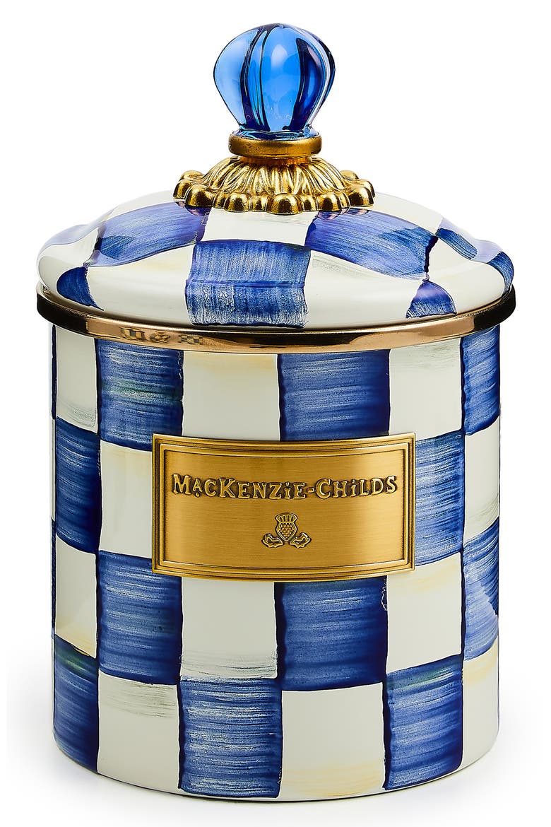 Royal Check Enameled Steel Small Canister, Main, color, BLUE/ WHITE