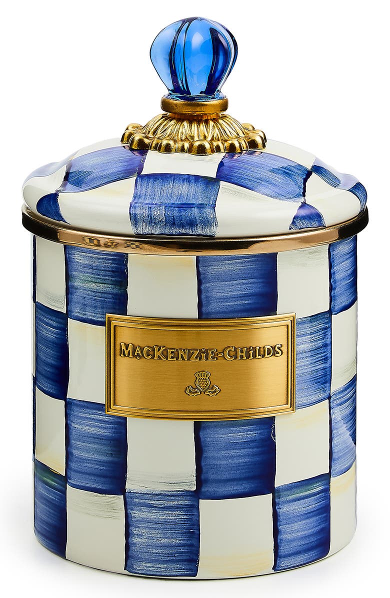 MACKENZIE CHILDS Royal Check Enameled Steel Small Canister, Main, color, Blue/ White