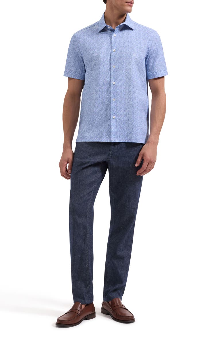 Bugatchi Milo OoohCotton<sup>®</sup> Leaf Print Short Sleeve Button-Up Shirt, Alternate, color, Iris