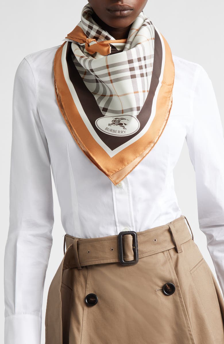 Burberry Medium Check Border Silk Scarf, Alternate, color, Pebble White