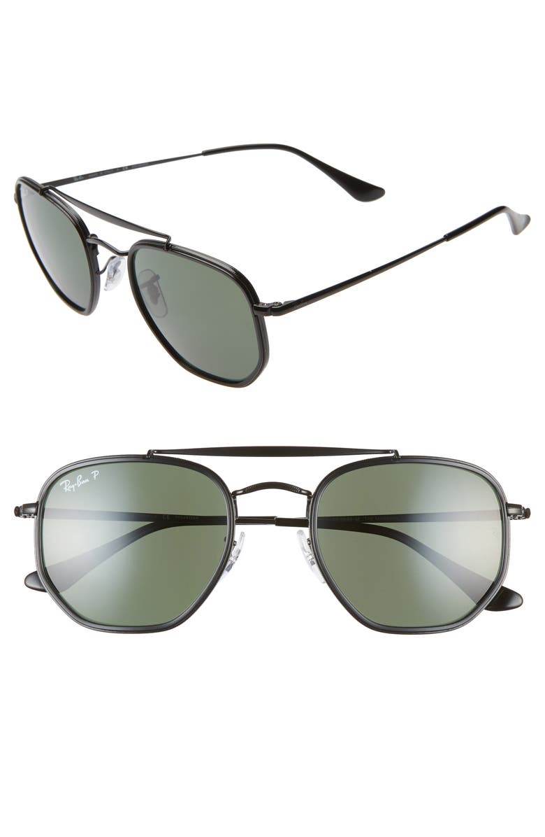 Ray-Ban 52mm Polarized Irregular Aviator Sunglasses, Alternate, color, Black/ Green Solid