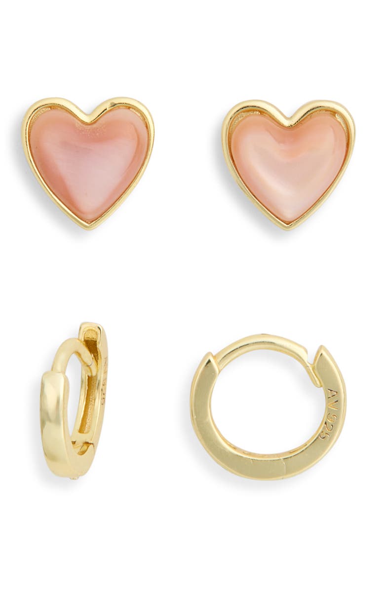 ARGENTO VIVO Set of 2 Heart Stud & Hoop Earrings, Main, color, Gold