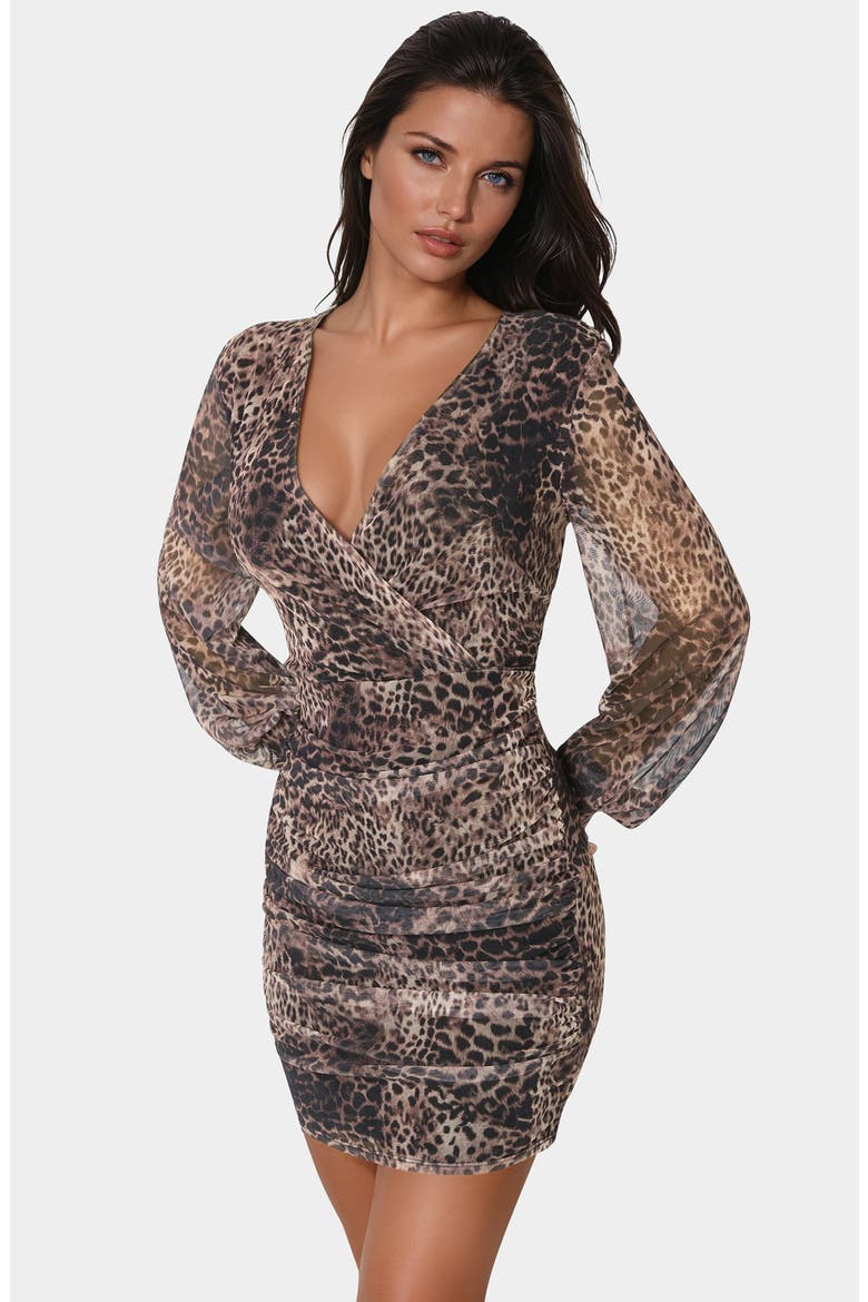 Long Sleeve Ruched Faux Wrap Minidress, Alternate, color, LEOPARD