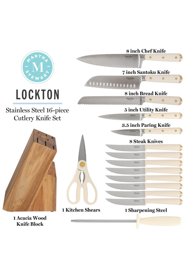 Lockton High-Carbon Stainless Steel Knife Block Set with Acacia Wood Block, Alternate, color, Linen White/Gold