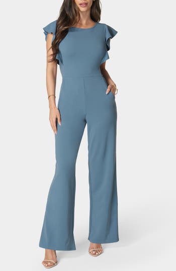 Bebe Flutter Sleeve Core Jumpsuit In Blue