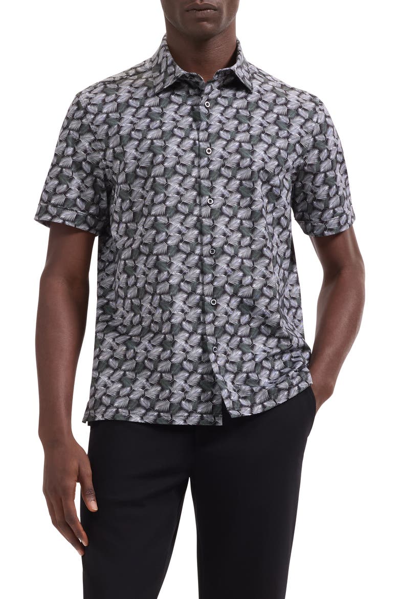 Milo OoohCotton® Leaf Print Short Sleeve Button-Up Shirt, Main, color, BLACK