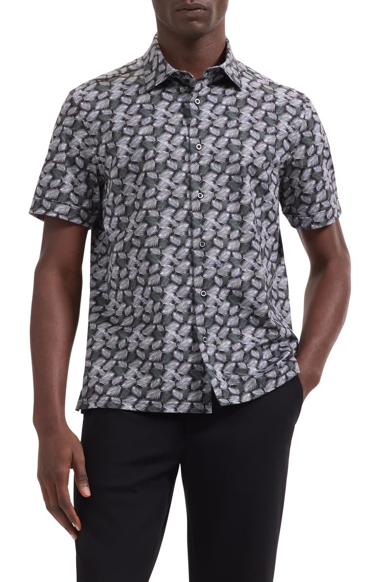 Bugatchi Milo OoohCotton<sup>®</sup> Leaf Print Short Sleeve Button-Up Shirt, Main, color, Black