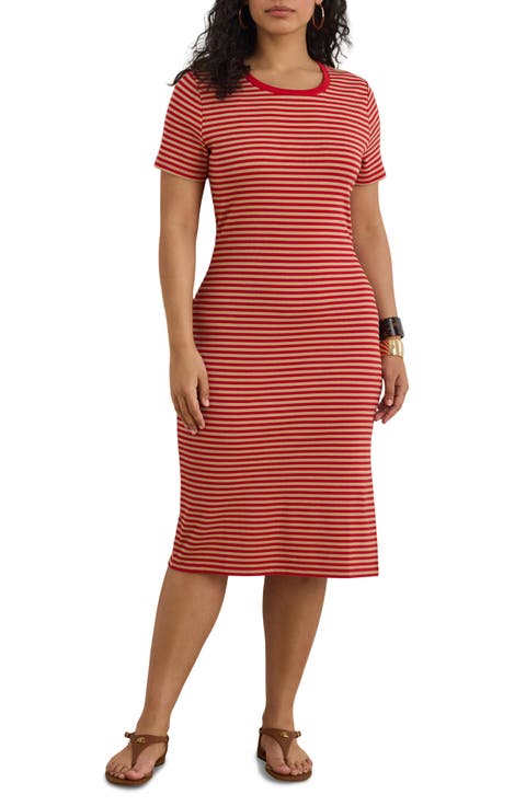 Stripe Cotton Blend Rib T-Shirt Dress (Plus)