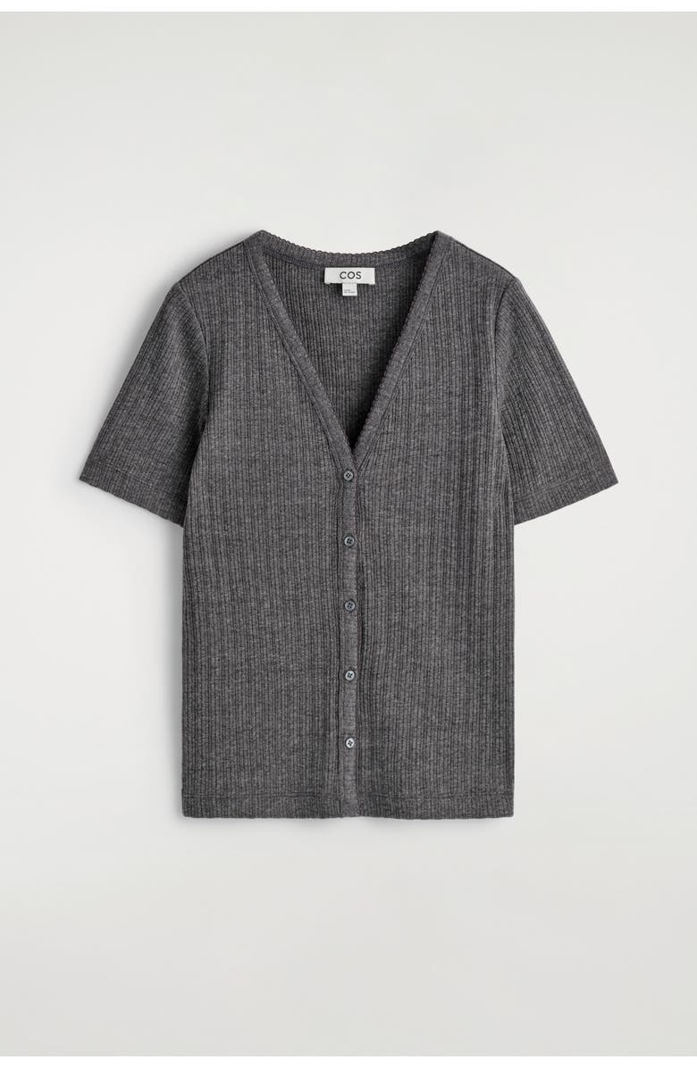 COS Pointelle-knit Short-sleeved Cardigan, Alternate, color, Charcoal