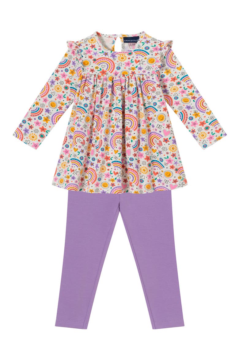 Rainbow Print Cotton Top & Leggings Set, Main, color, WHITE MULTI