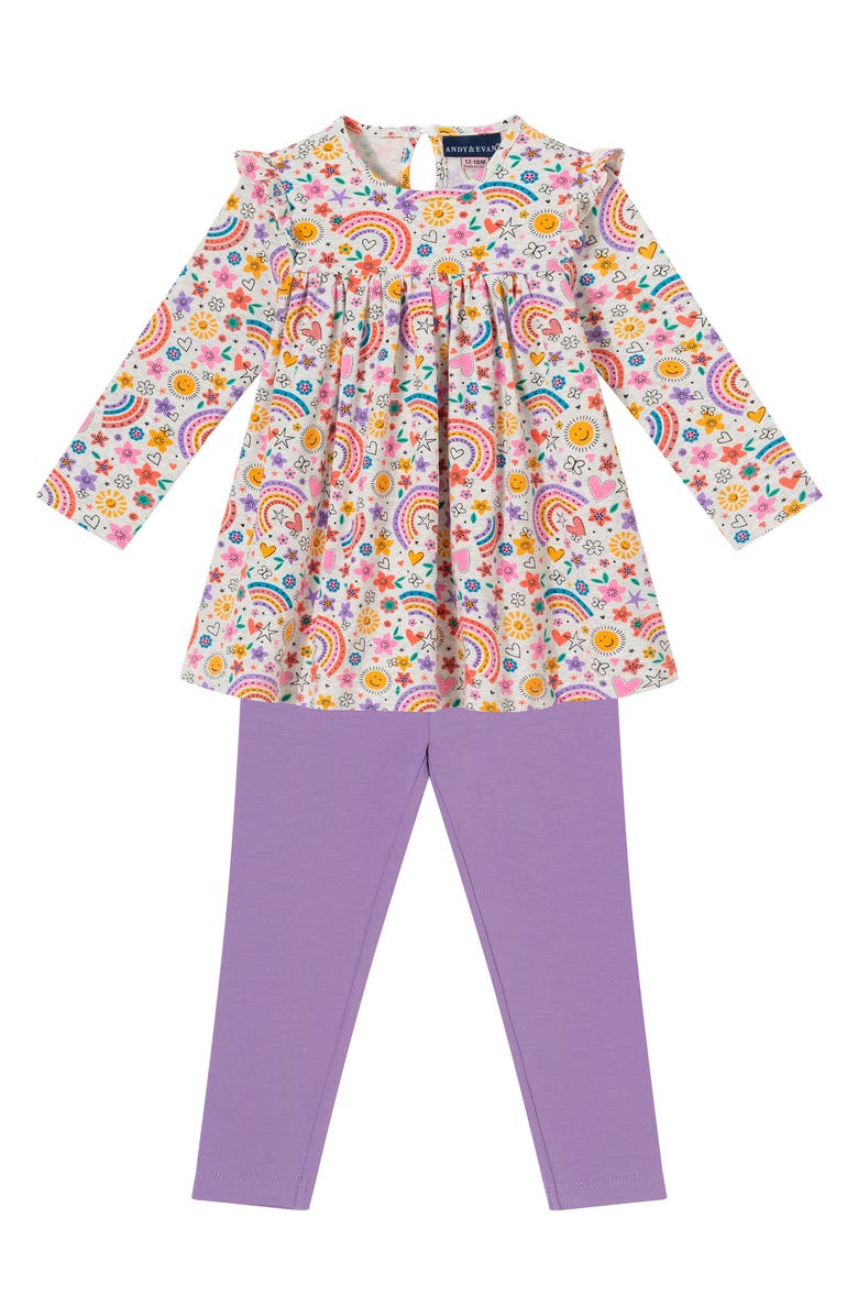 Andy & Evan Rainbow Print Cotton Top & Leggings Set, Main, color, 