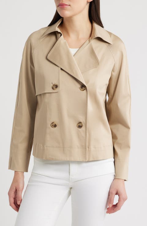 Short Double Breasted Cotton Blend Trench Coat (Regular & Petite)