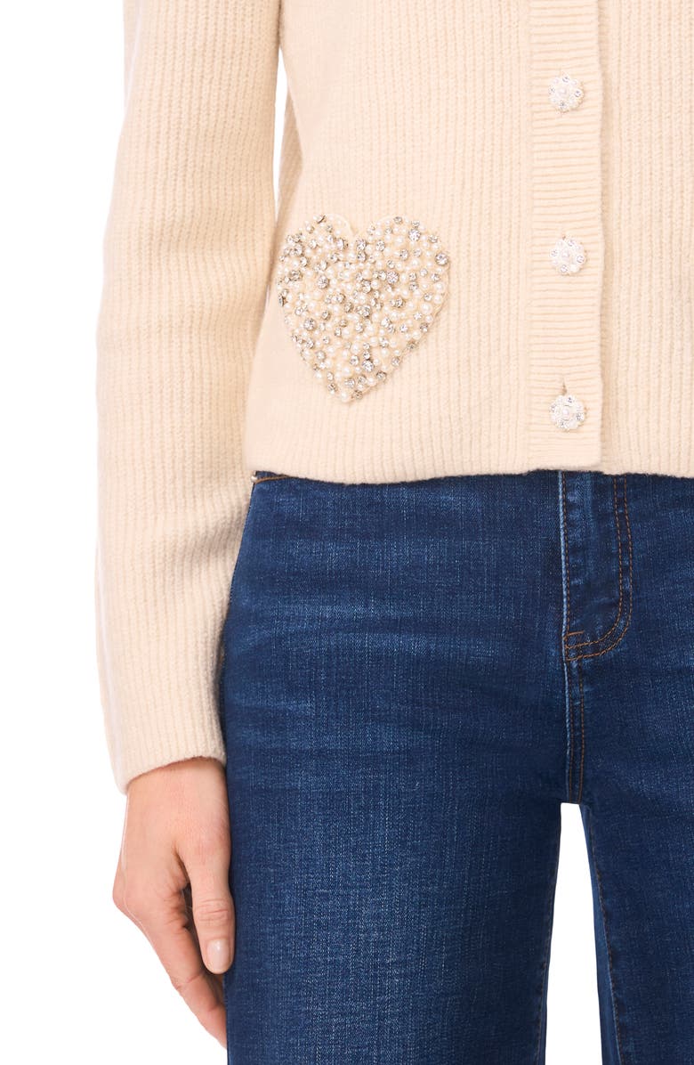 CeCe Rhinestone Heart Pocket Cardigan, Alternate, color, Birch