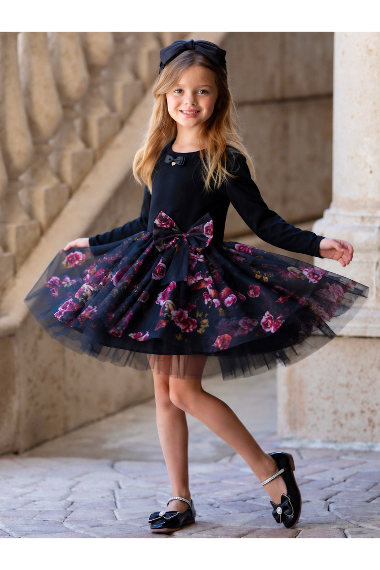 Midnight Bloom Tiered Tulle Dress, Alternate, color, Black
