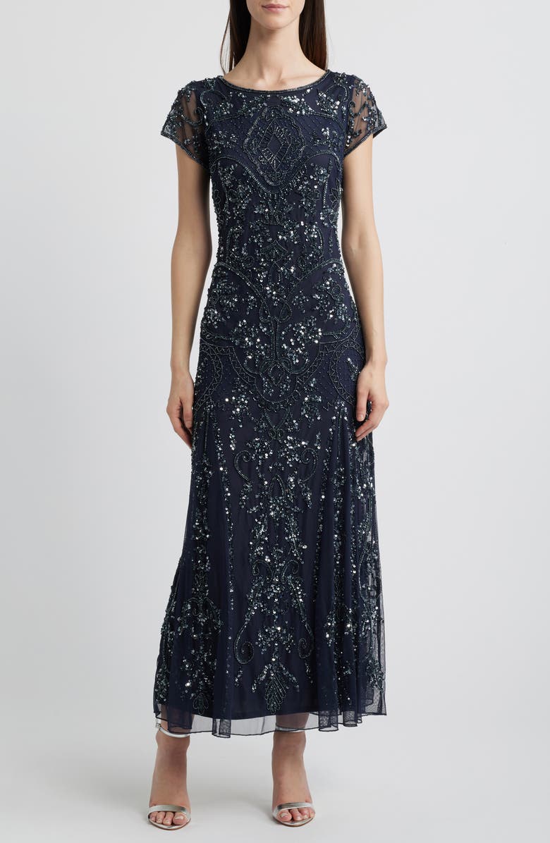 Pisarro Nights Beaded Mesh Midi Cocktail Dress, Main, color, Deep Slate