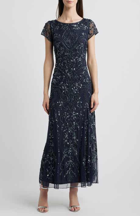 Pisarro Nights Beaded Mesh Midi Cocktail Dress