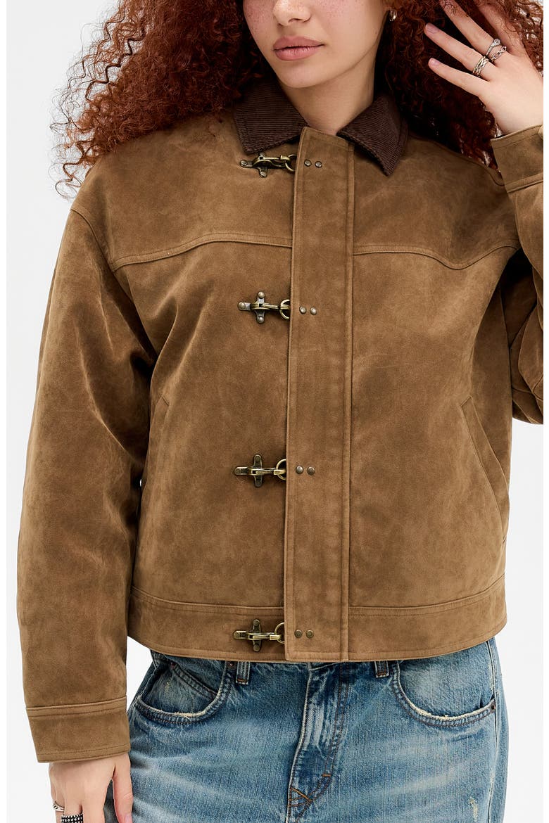 Clasp Faux Suede Jacket, Main, color, BROWN