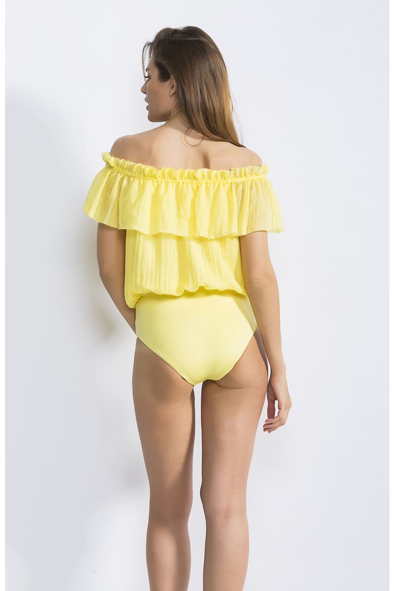 Bardot-Style Textured Off-the-Shoulder Ruffled One-Piece Swimsuit, Alternate, color, Yellow