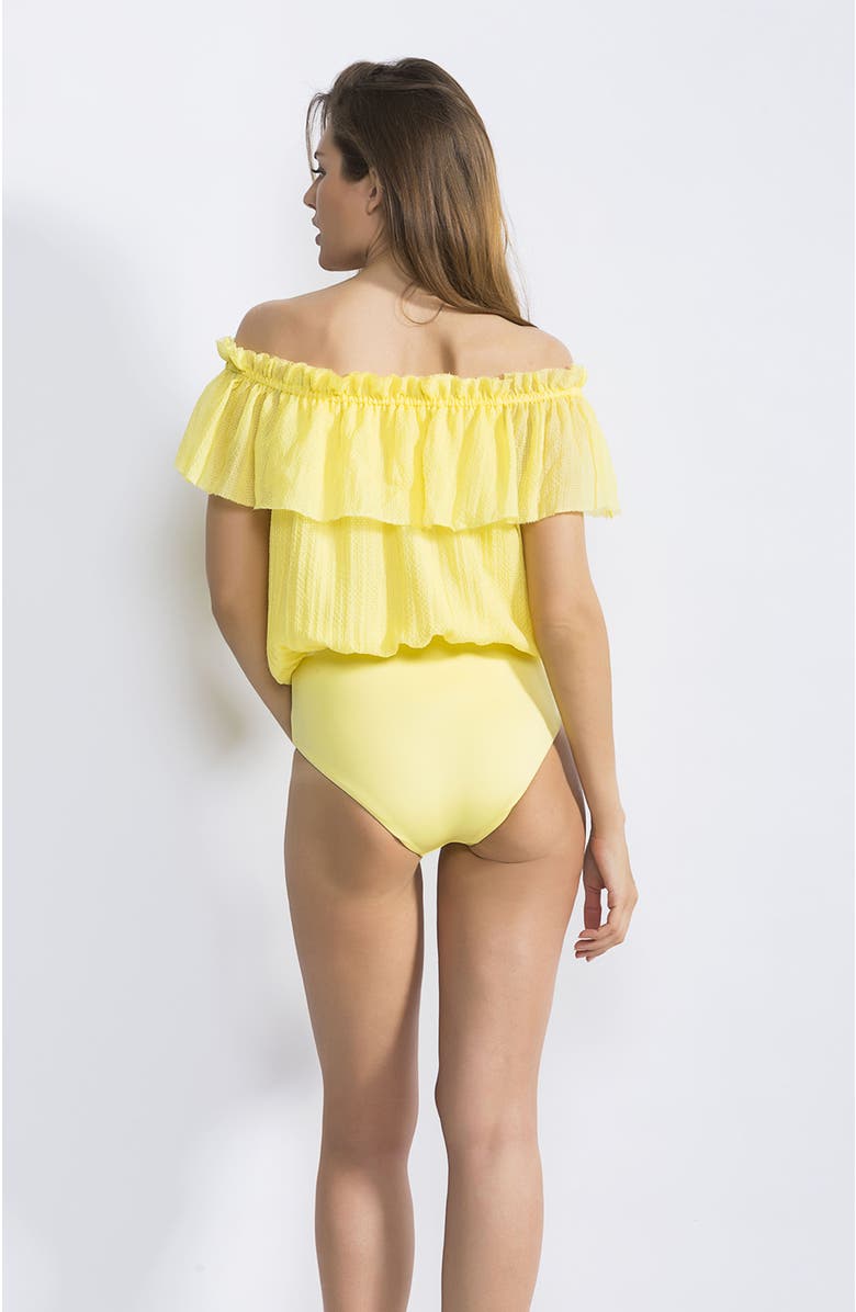 NESSI BYRD Bardot-Style Textured Off-the-Shoulder Ruffled One-Piece Swimsuit, Alternate, color, Yellow
