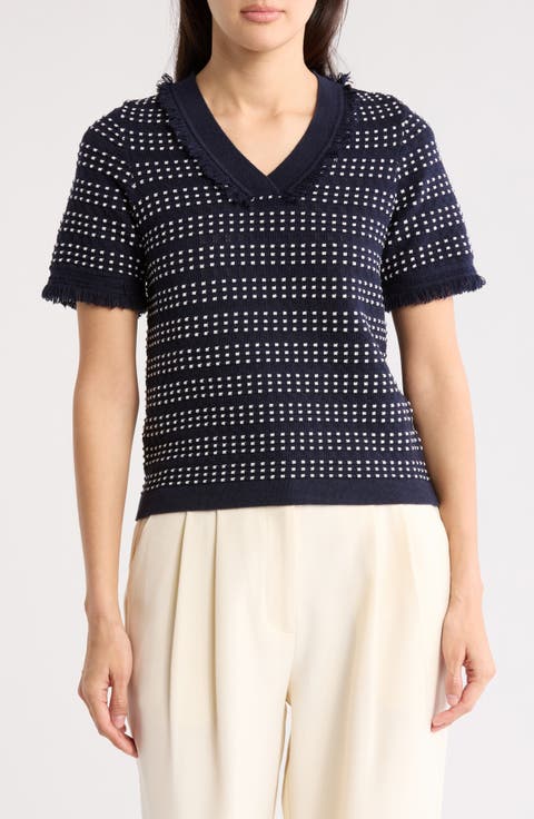 Fringe Trim Short Sleeve Crop Sweater