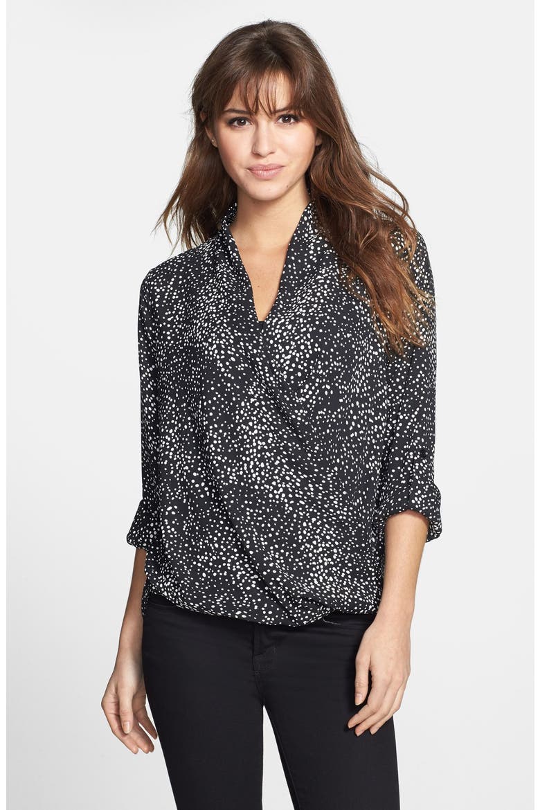 Faux Wrap Blouse, Main, color, BLACK/ WHITE LINED ELLIPSE