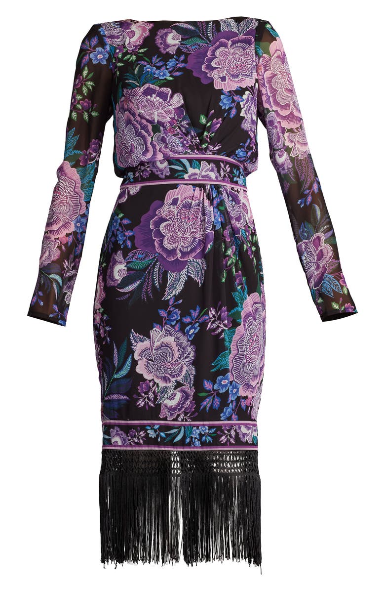 Tadashi Shoji Floral Fringe Detail Long Sleeve Dress, Alternate, color, Black/ Purple Floral
